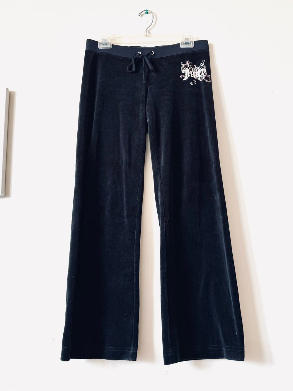 Vintage Y2K Sz Small Juicy Couture Velour Tracksuit Black Pants Wide-Leg